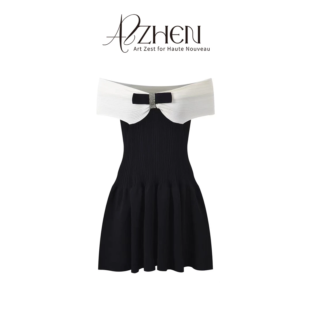 AZZHEN【华丽黑天鹅】法式一字肩蝴蝶结收腰针织连衣裙AZ4KBL14-00