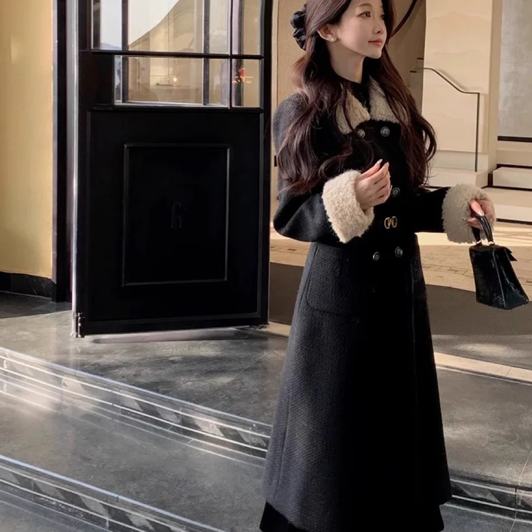 小香风翻领拼接毛呢大衣女冬季宽松显瘦A字正肩外套