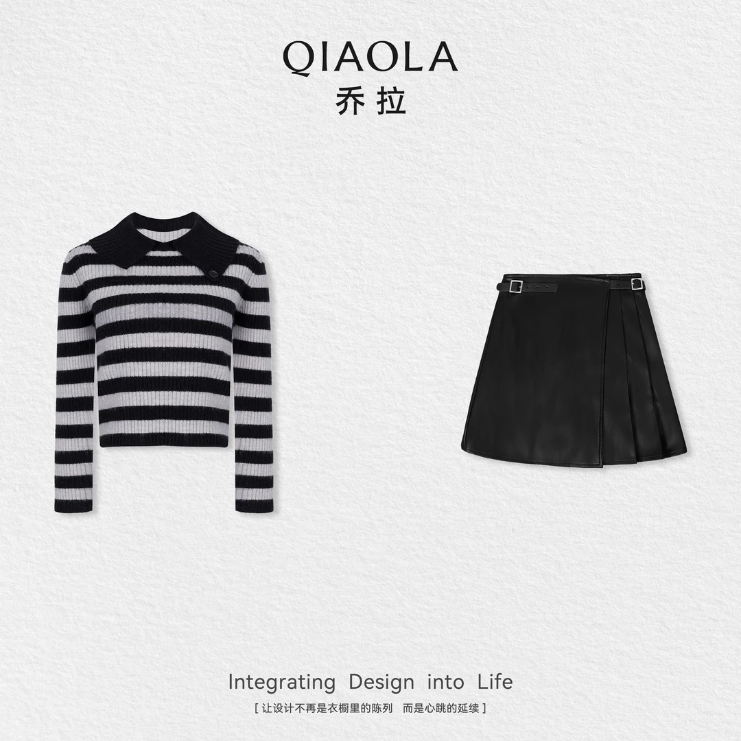 QIAOLA/乔拉【洛斯学院】秋冬款条纹北极绒翻领皮革压褶时尚套装