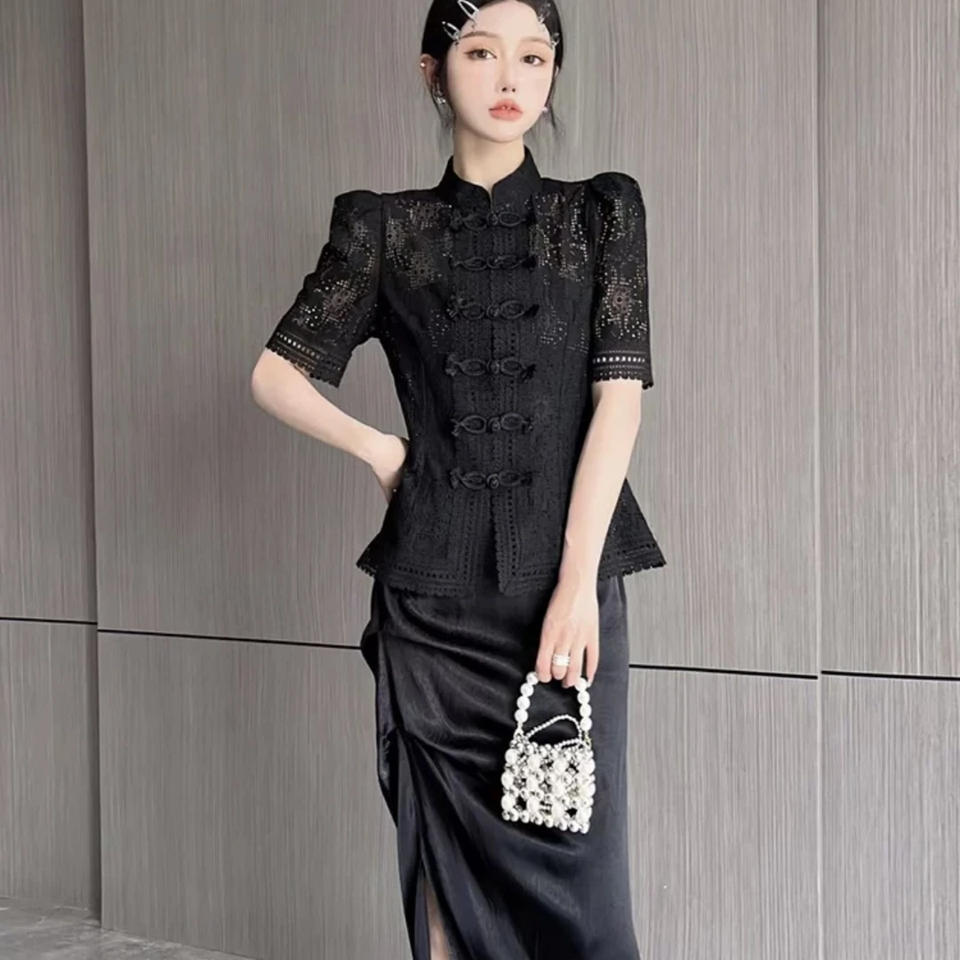 新款立领国风盘扣镂空蕾丝性感黑色衬衫E8073