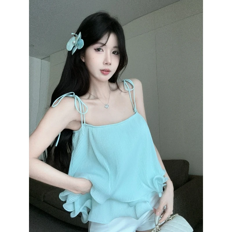 不规则蓝色吊带背心女夏泰式绝美一字肩抹胸小上衣独特漂亮多巴胺