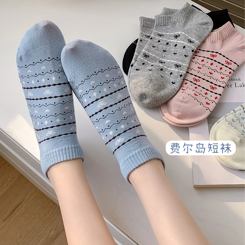 费尔岛袜子女短袜春夏季薄款女生日系网红蝴蝶结学院风船袜ins潮