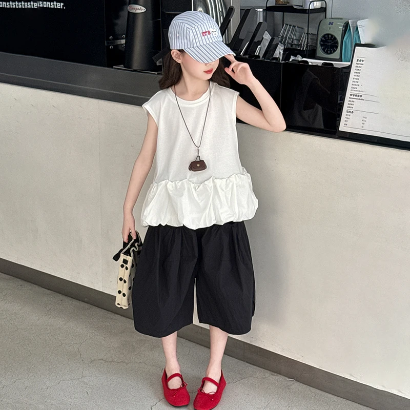 女童套装薄款夏季小女孩立体花苞无袖背心2025新款夏装童装阔腿裤