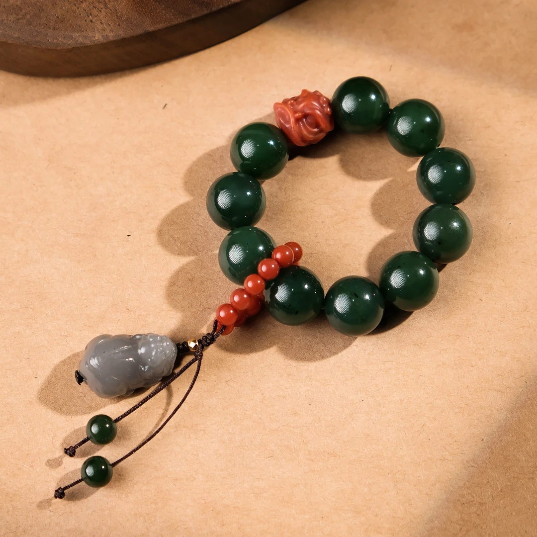 和田玉碧玉烟紫貔貅手捻跑环12MM吊坠