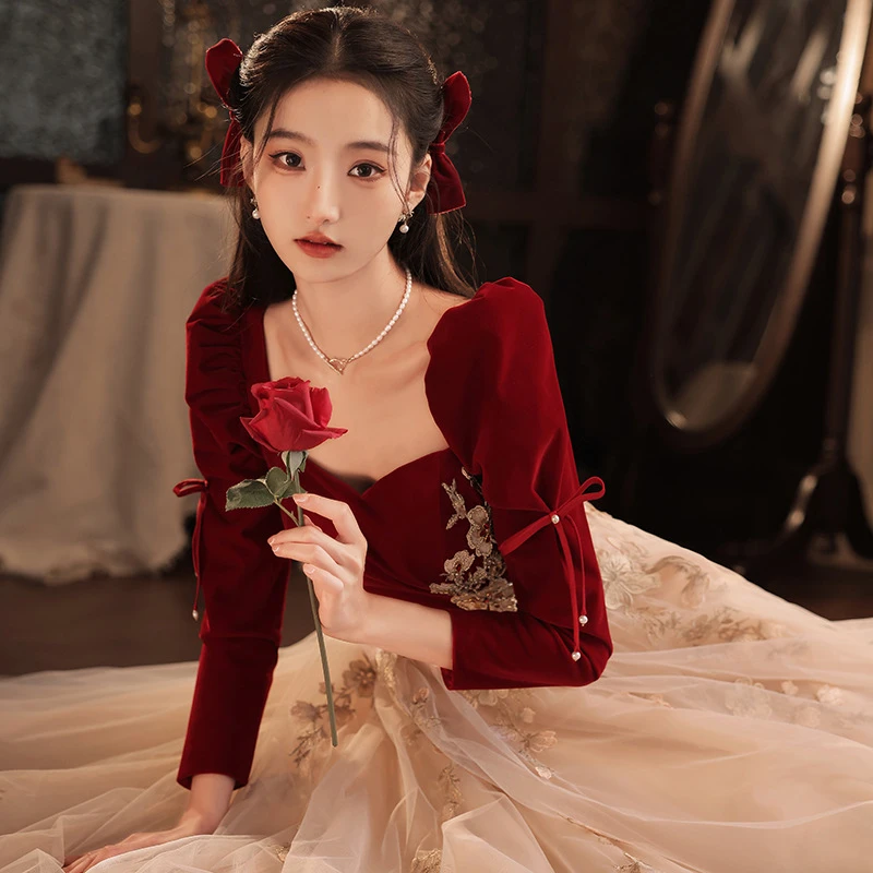 敬酒服新娘宴会气质2025新款长袖订婚连衣裙网纱显瘦小个子晚礼服