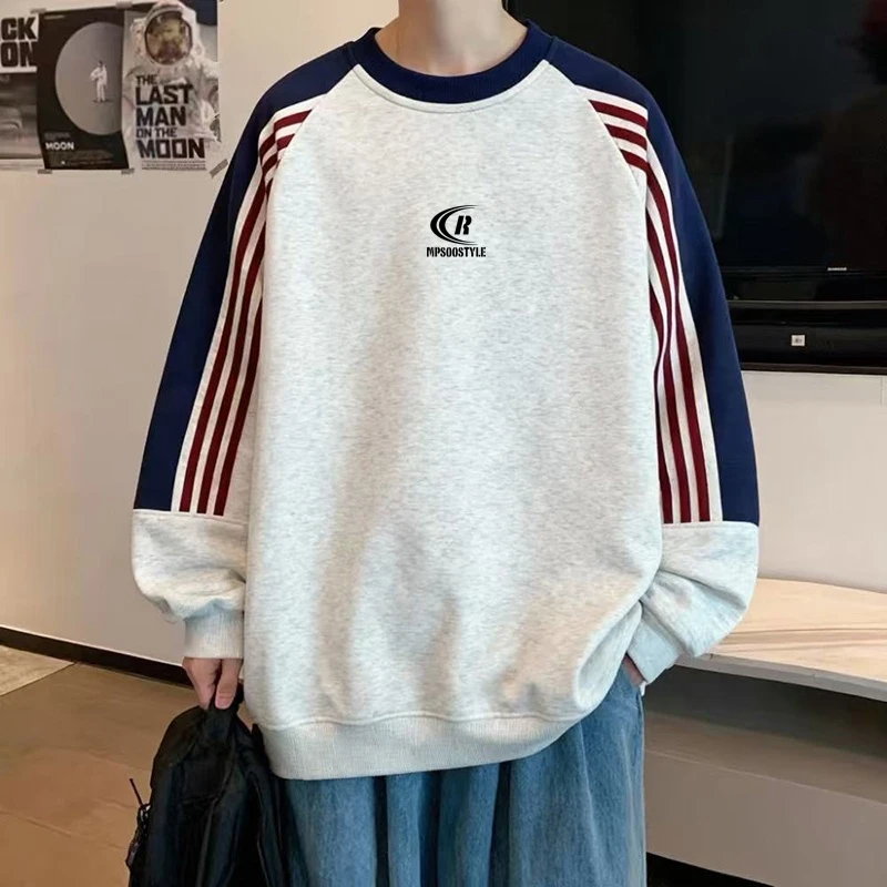 港风圆领拼色卫衣男生秋冬潮牌宽松大码加绒加厚保暖打底上衣学生