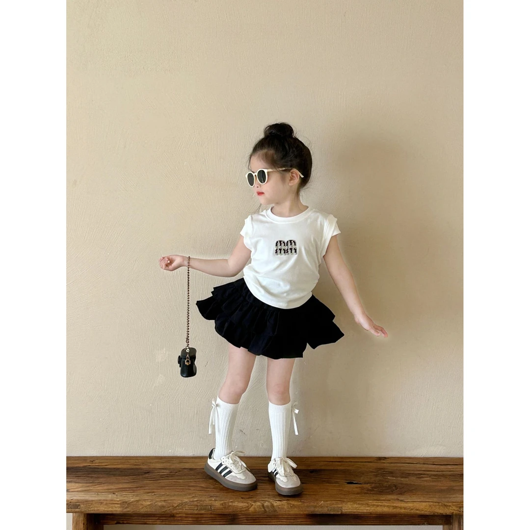 小七-2025烫钻女童短袖T恤洋气夏装新款儿童中小童+蓬蓬裙套装