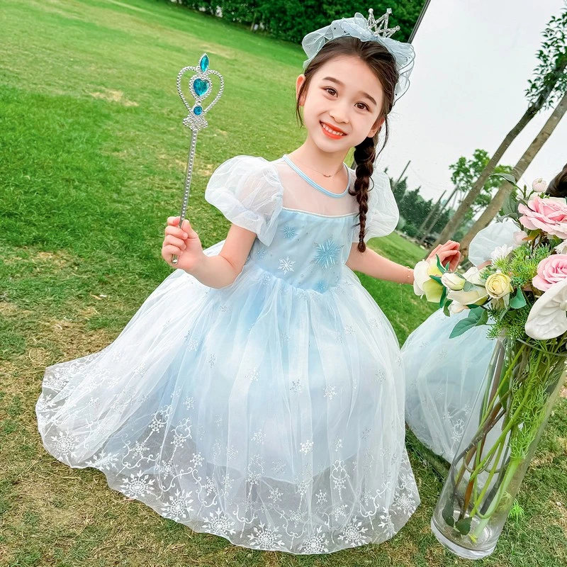 小女孩冰雪奇缘公主裙夏季女宝宝短袖艾纱连衣裙爱莎礼服蓬蓬裙子