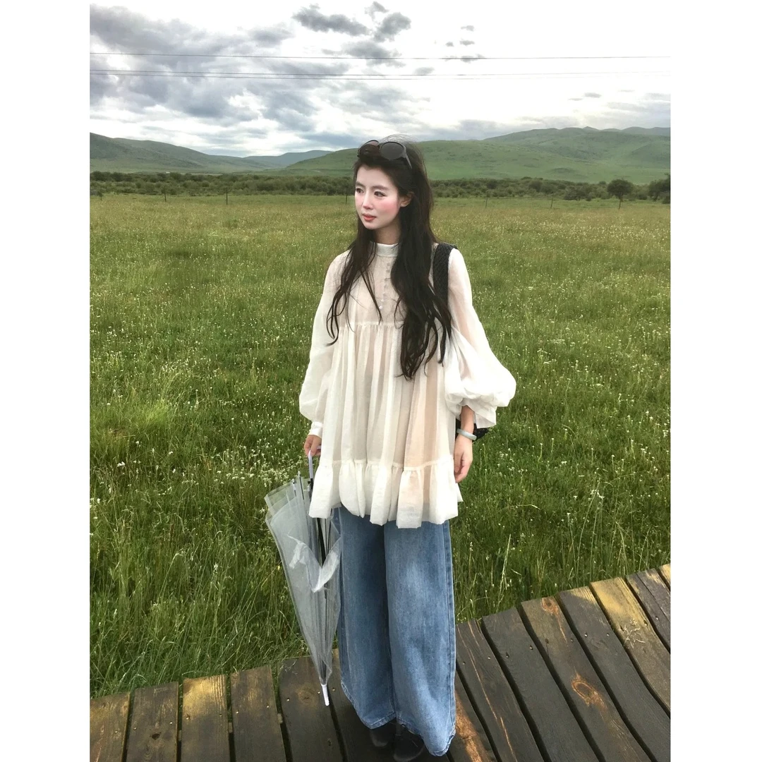 2025早秋新款法式慵懒风灯笼袖上衣百搭显瘦牛仔裤高级感两件套女