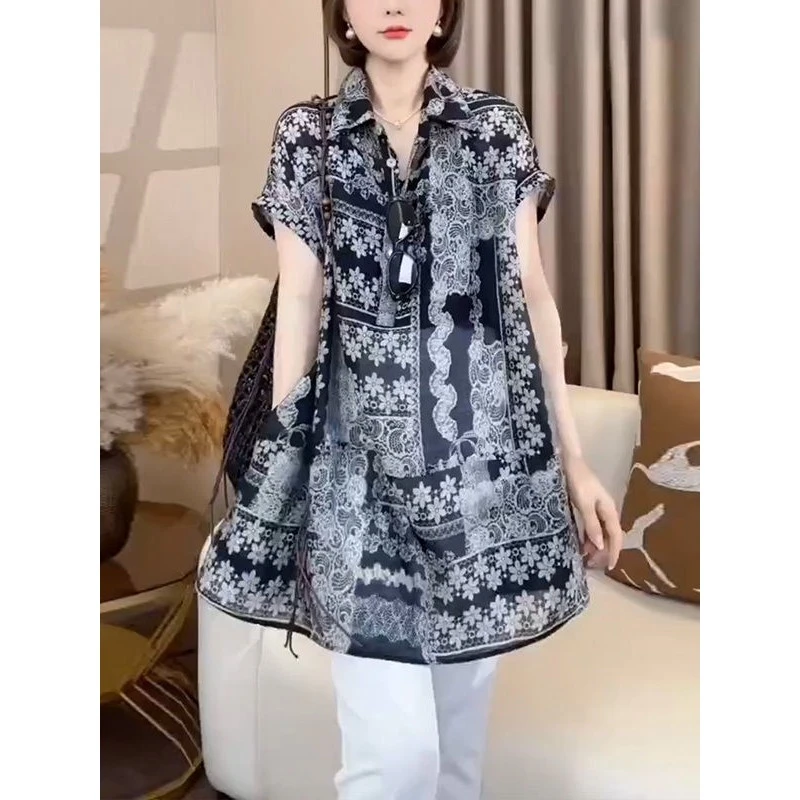 时尚轻奢别致减龄短袖衬衫女夏季新款洋气复古显瘦中长款小衫