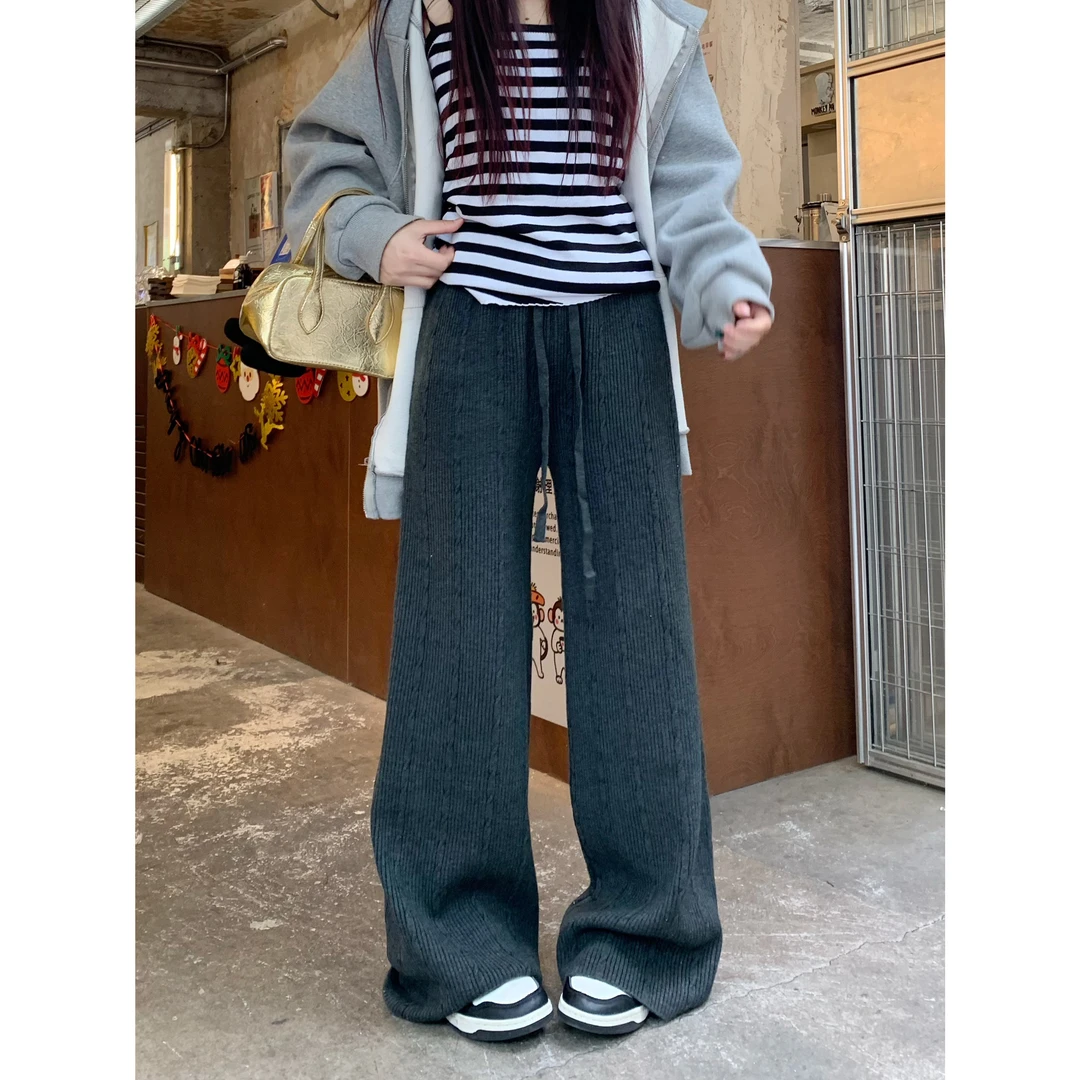 抽绳一体绒加厚麻花针织阔腿裤女秋冬2025新款高腰纯色拖地休闲裤