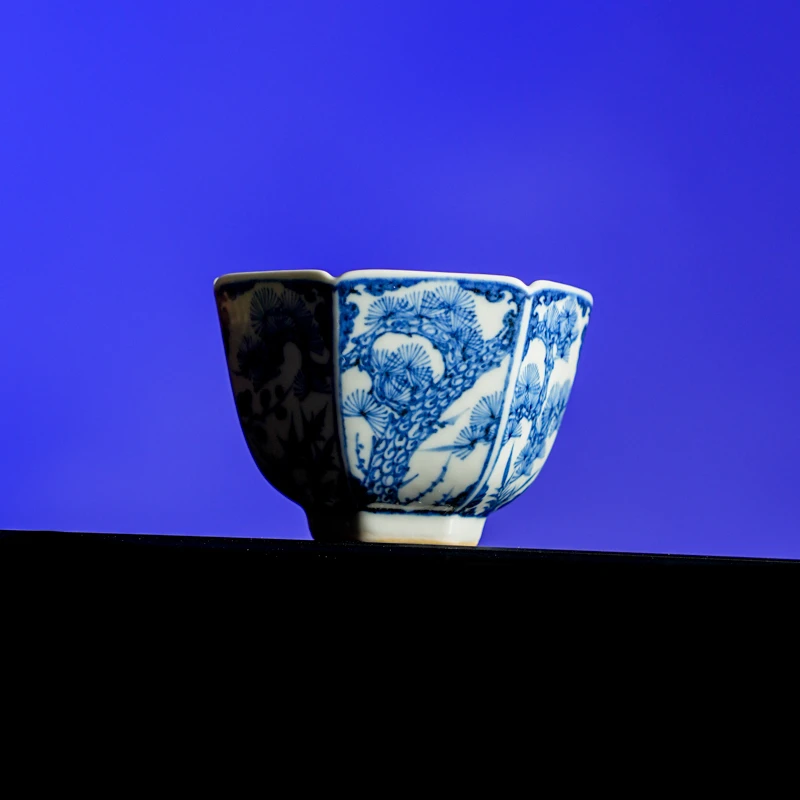 UY古窑御器柴烧青花松竹梅纹六方杯