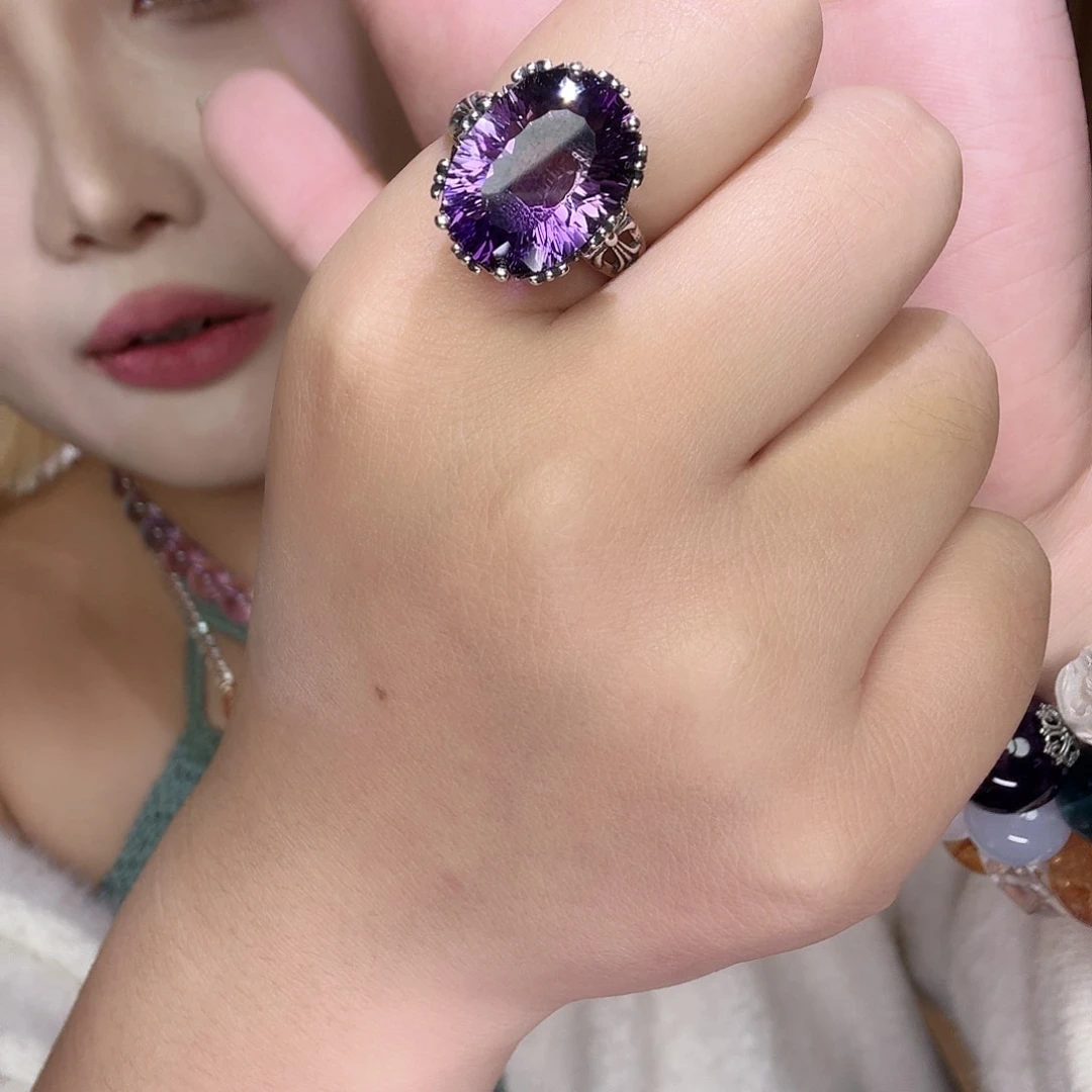 水晶戒指银S925镶嵌黑糖