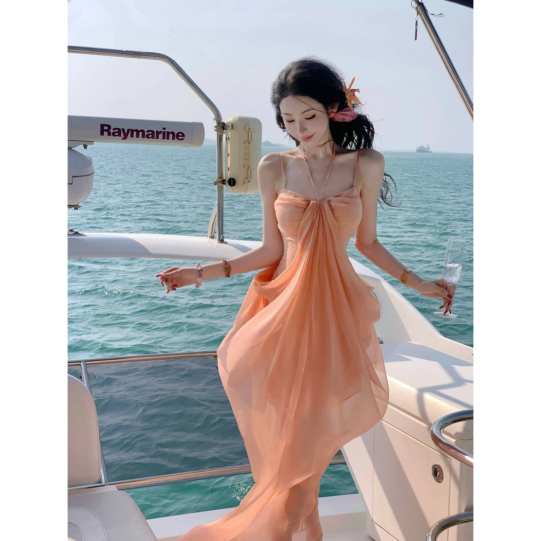 【雅乔定制】柔雾蜜桃 雪纺网纱吊带连衣裙DYYK-24112134