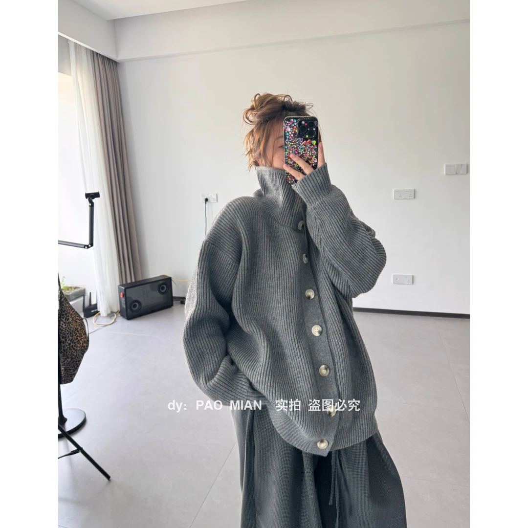 【PAOMIAN】半高领加厚针织毛衣秋冬复古百搭宽松慵懒洋气高贵上衣