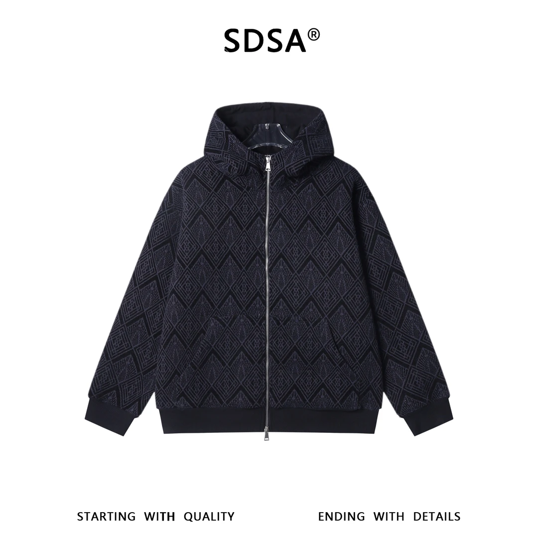 SDSA男士秋冬新款痞帅男装时尚撞色菱形拉链立领连帽卫衣百搭时尚