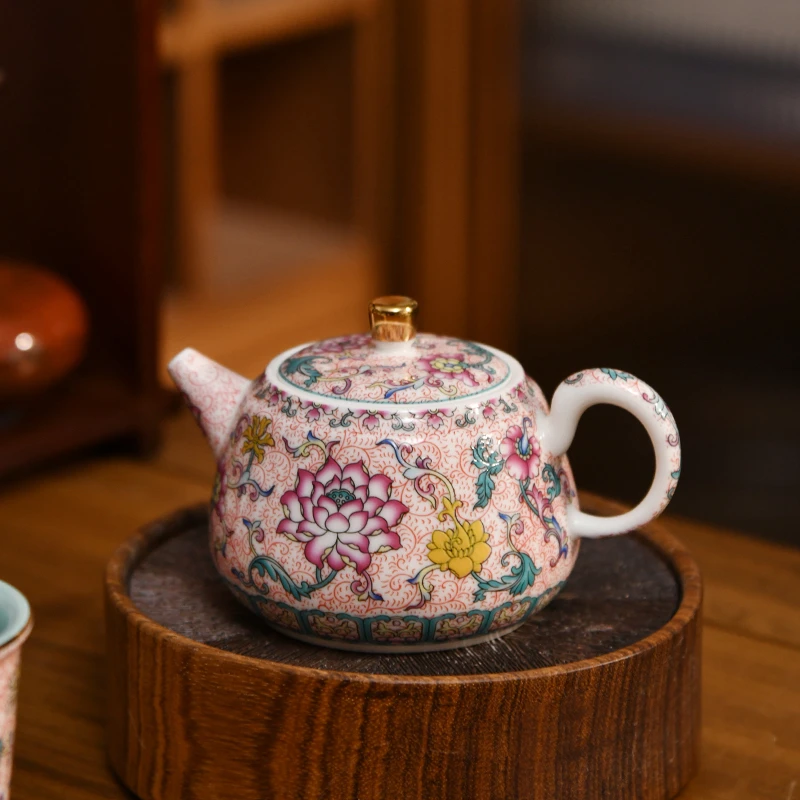 成艺珐琅莲韵拓香壶精美家用珐琅彩莲花茶具复古蓝色高端茶具送礼