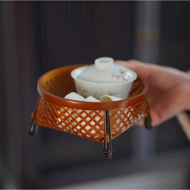 复古大漆竹编罗汉果篓盘糖家用收纳盒藤编罗汉木雕2-3人小茶台