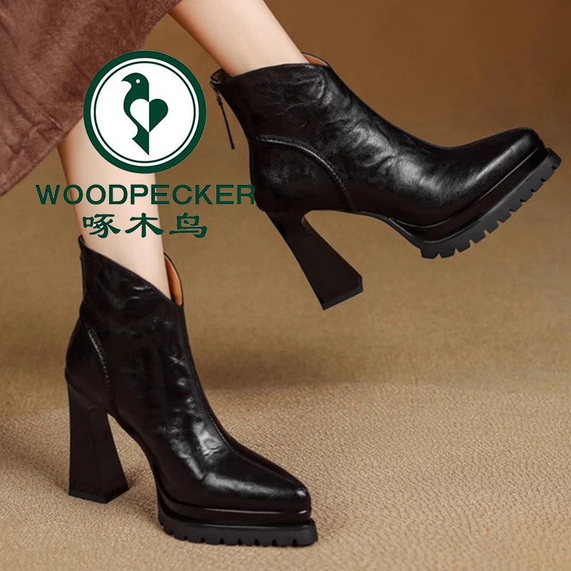 啄木鸟软皮短靴女2025冬季新款粗跟防水台高跟鞋尖头超高跟马丁靴