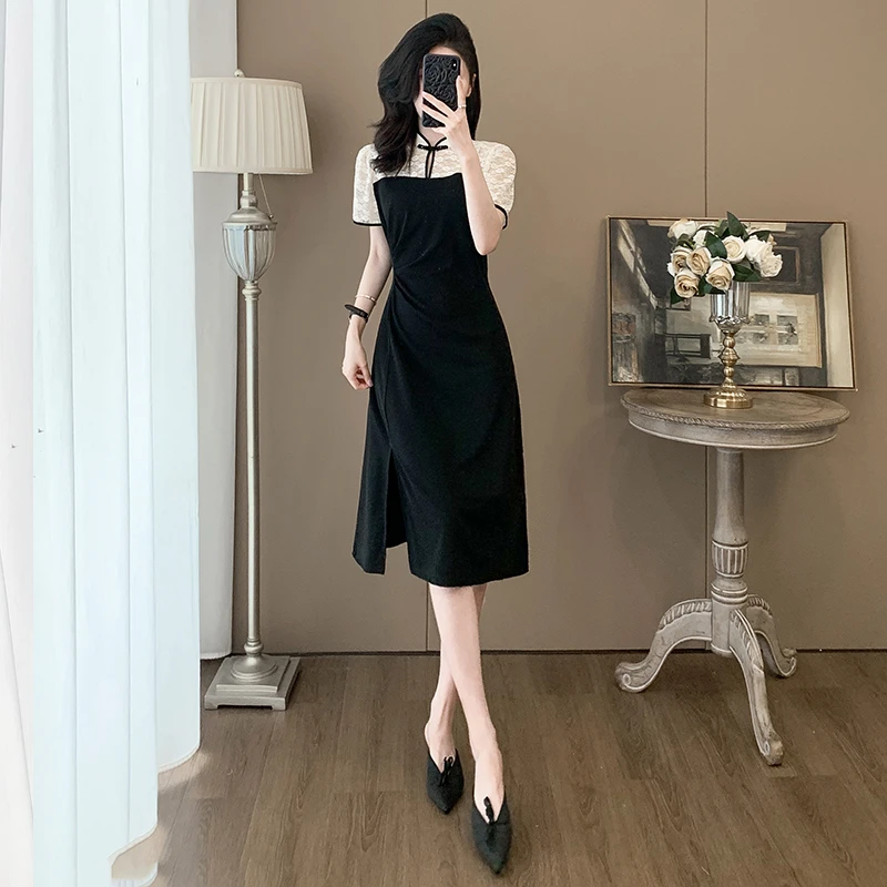 纳凡2025夏季新款超显瘦新中式黑色气质连衣裙女淑女温柔网纱裙子