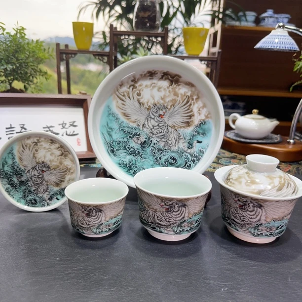 景德镇中式粉彩套装如虎添翼家用茶具高端四件套