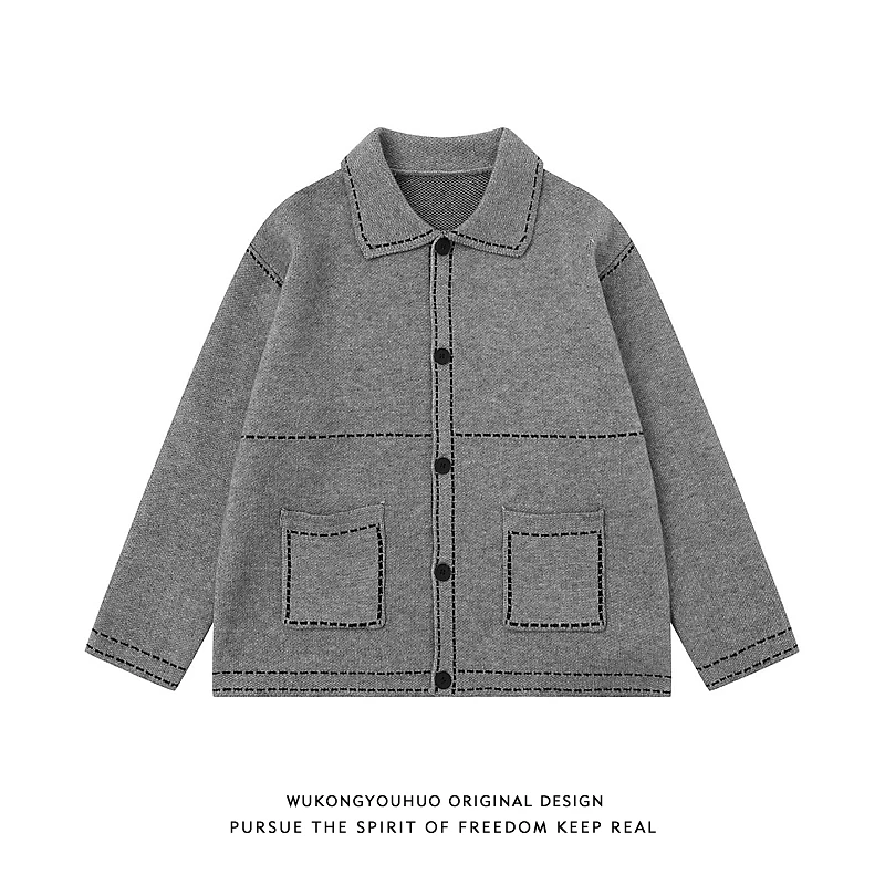 悟空有货复古vintage翻领针织衫男秋季潮牌宽松情侣开衫休闲毛衣