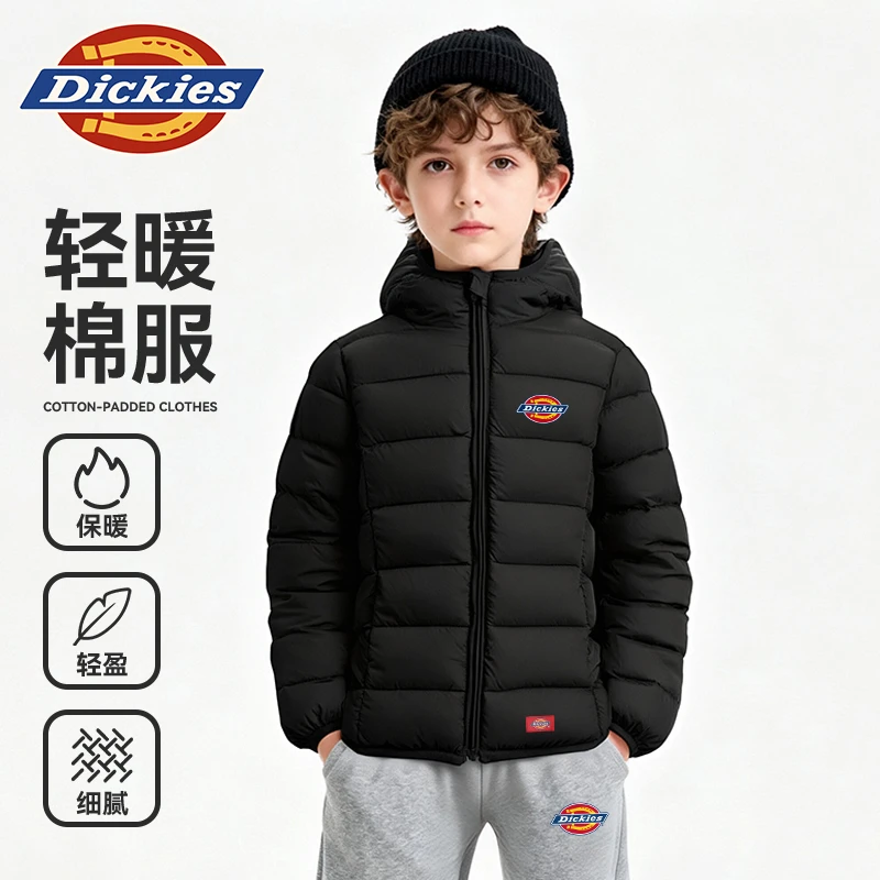 Dickies童装男童棉服秋冬款保暖衣儿童棉服帅气男孩黑色连帽外套