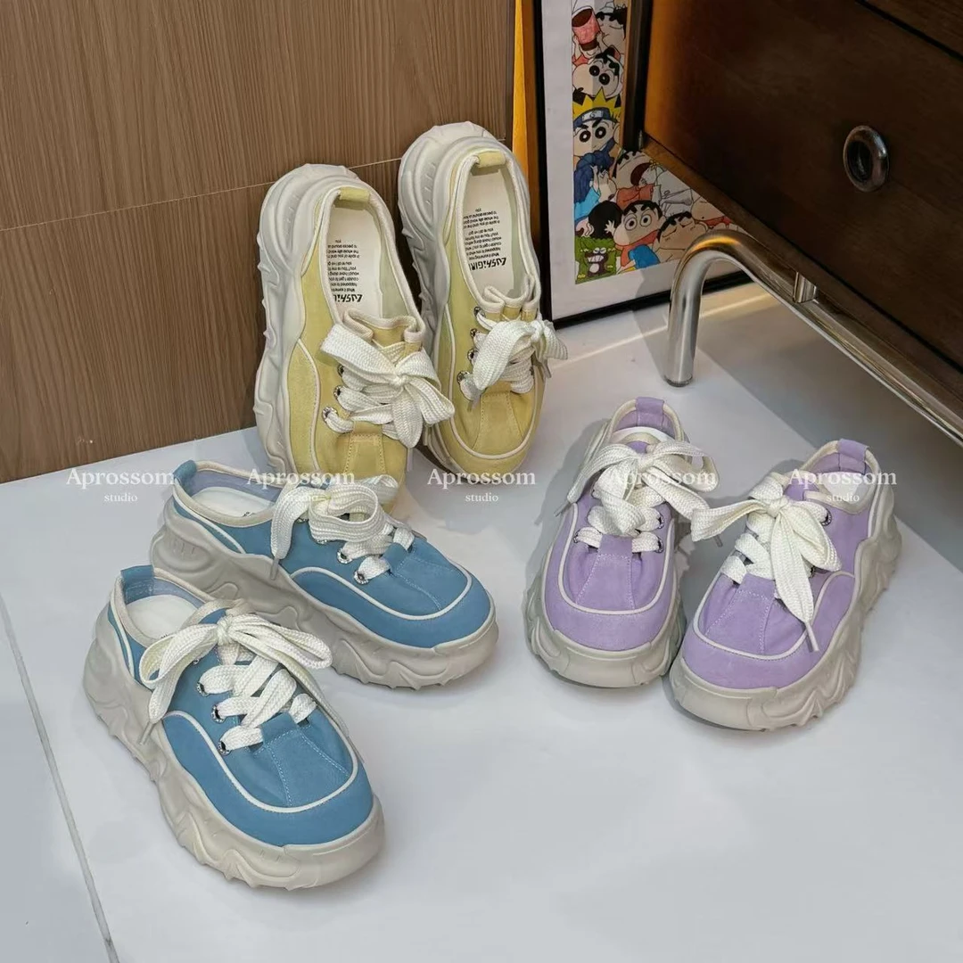 Apr.厚底多巴胺百搭半拖休闲鞋女春厚底增高开口笑松糕大头老爹鞋