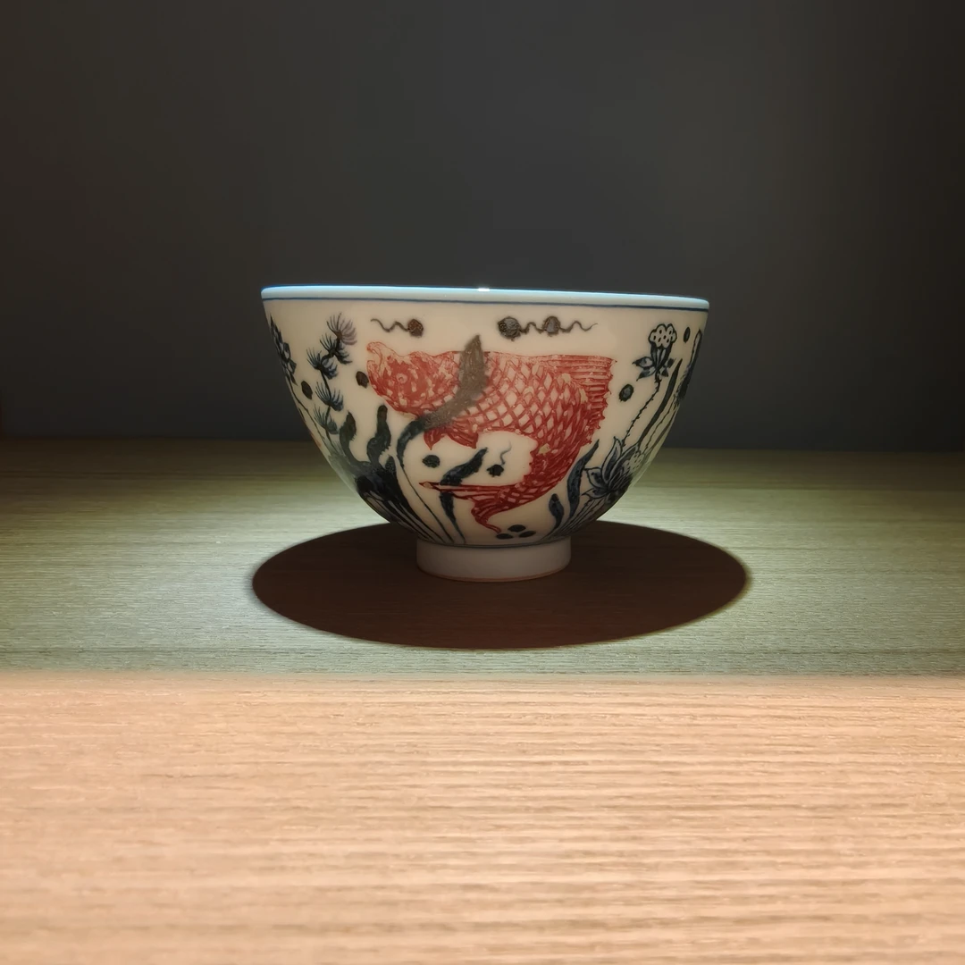 【古法柴窑】古窑御器青花釉里红鱼藻纹鸡心杯