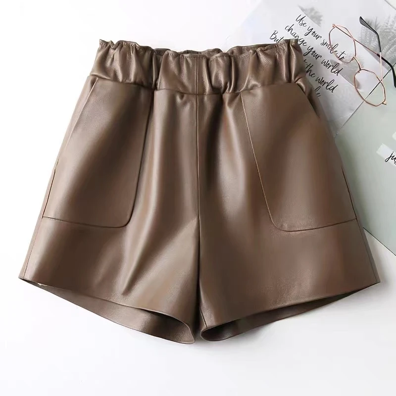 Qixiaoyao 新款小众设计师精致高腰羊皮短裤#QSWW84151