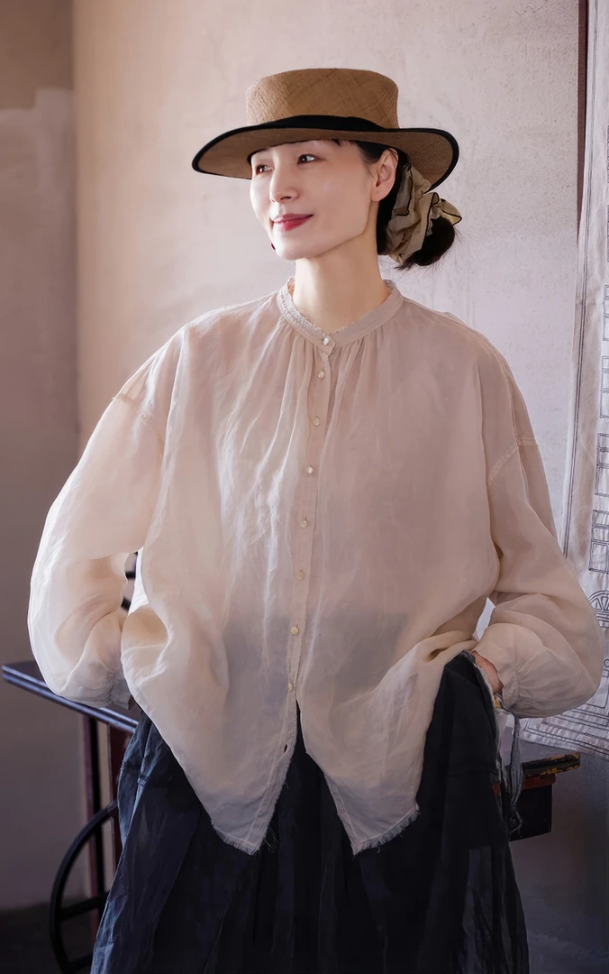 奶酪色欧根纱轻薄防透凉感中式感衬衫9341B