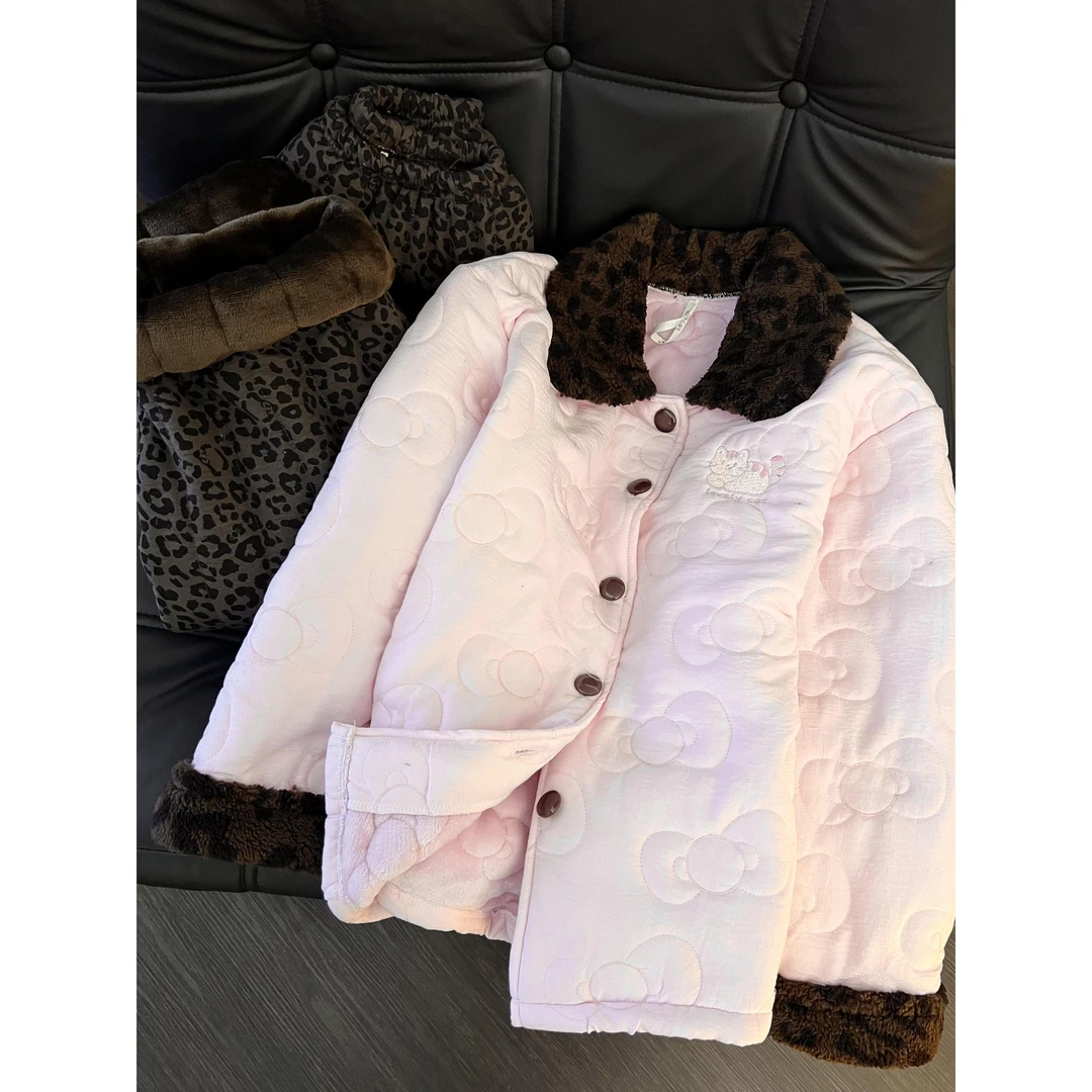 甜酷豹纹翻领外套夹棉睡衣女款秋冬新款保暖加厚家居服套装可外穿