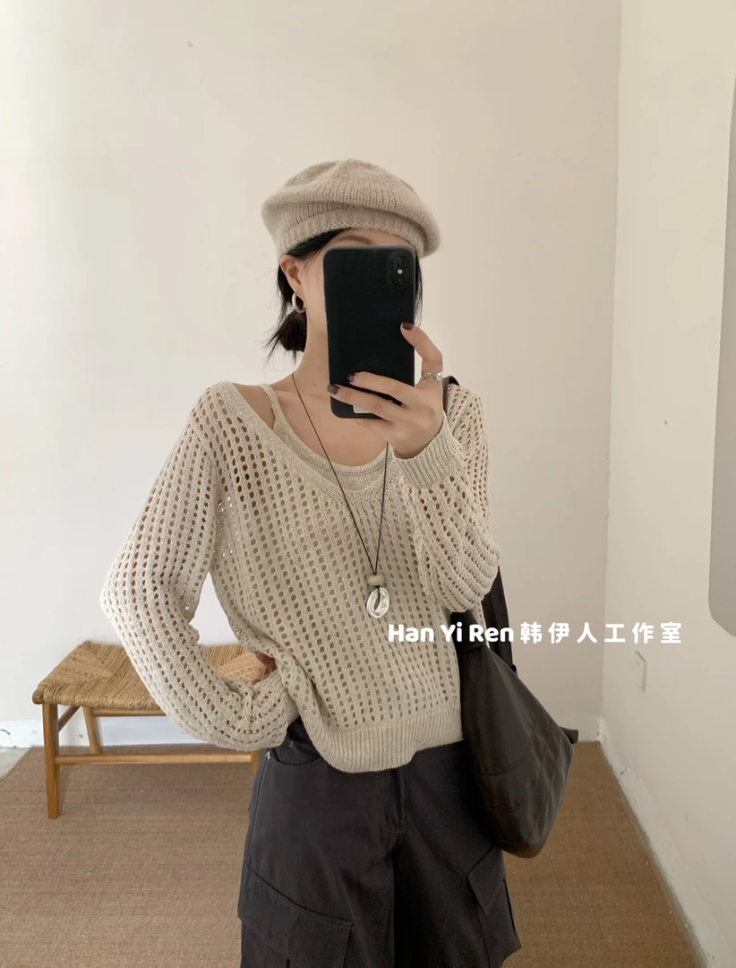 【维维66女装精选】镂空假两件时尚韩版针织衫