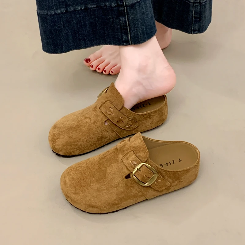 法式赫本风半拖鞋女秋季厚底懒人一脚蹬2025新款增高包头外穿勃肯