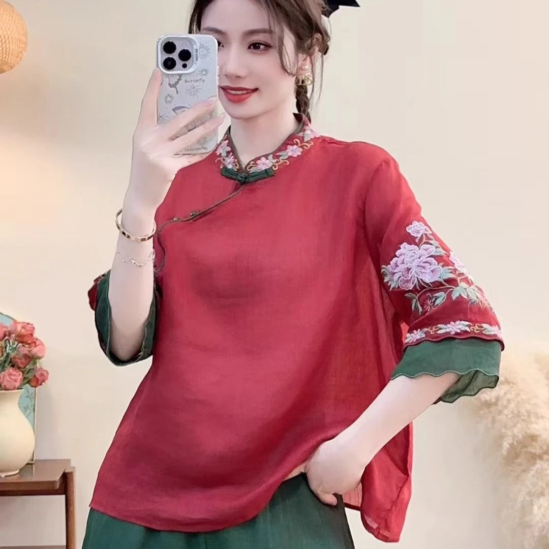 新中式刺绣棉麻衬衫女文艺复古上衣盘扣新款夏季斜襟茶服中国风
