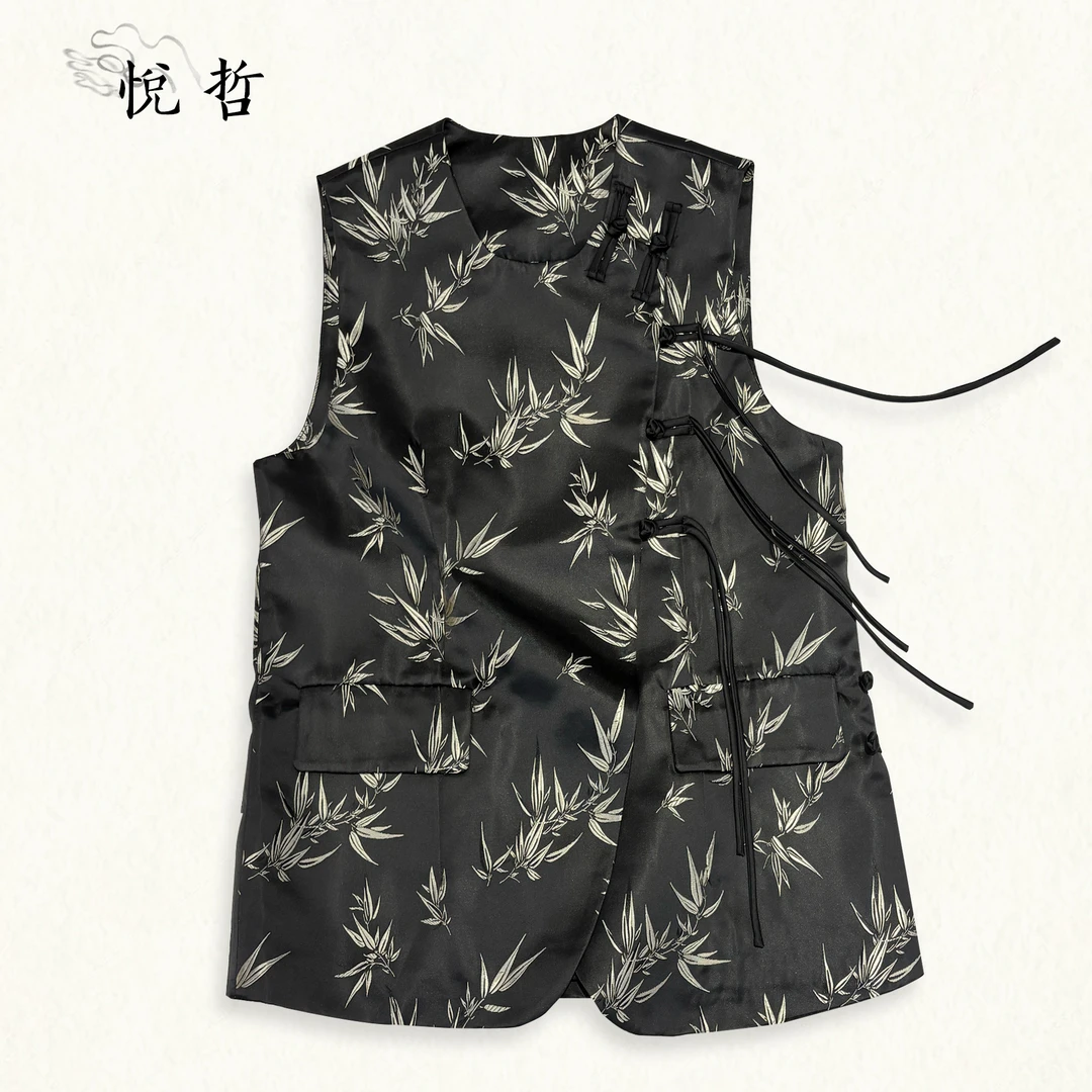 YUEZHE 新中式马甲竹子时尚休闲百搭夏季复古印花提花中国风马甲