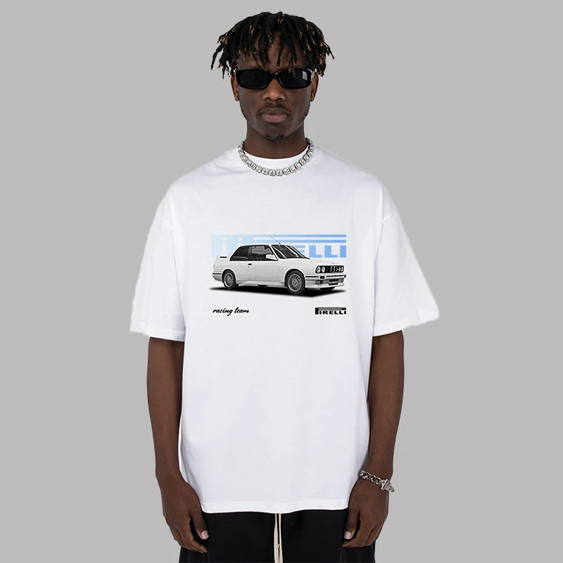 小领口2023夏季新款汽车数码印花短袖宽松男美式街头T恤圆领宽松