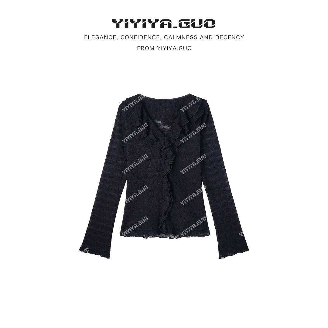 yiyiya.Guo艺艺吖早春新款V领修身显瘦长袖上衣120038SS52