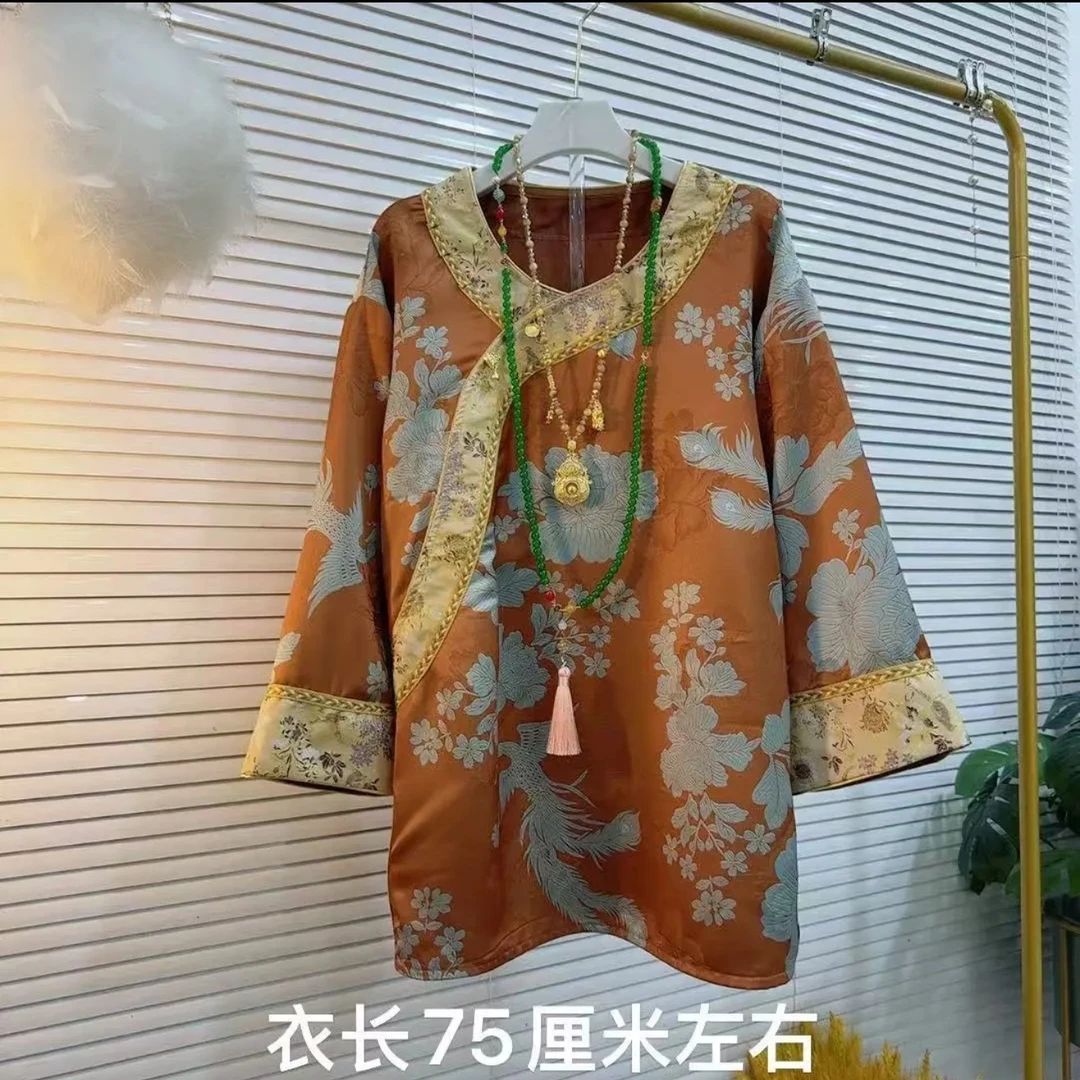 乐8655（凤飞牡丹）秋季新款大码新中式国风斜襟盘扣拼接提花衬衫