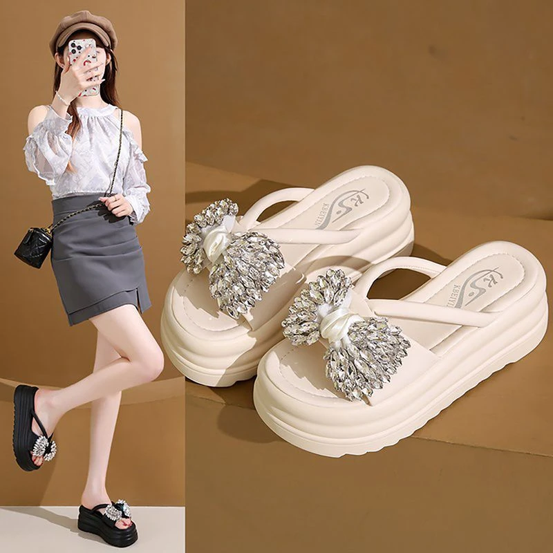 爆款厚底凉拖鞋女夏季外穿2025新款增高厚底蝴蝶结高级感水钻凉拖