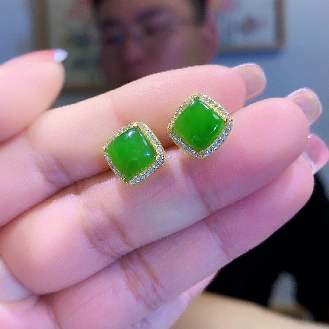 和田玉（碧玉）耳饰银S925镀金镶嵌