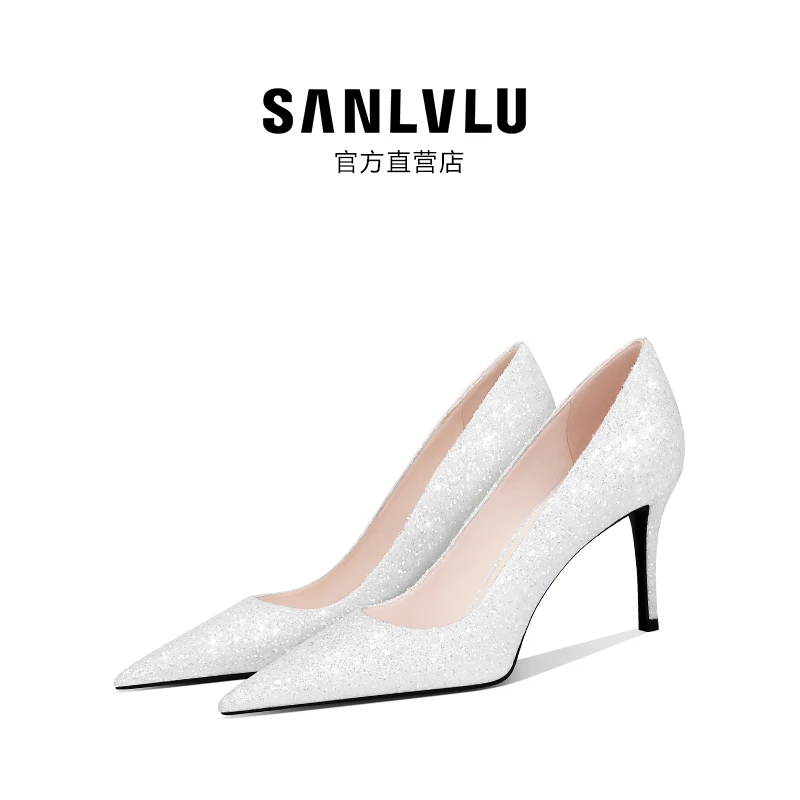 SANLVLU张掖 气质仙女范水晶高跟鞋订婚鞋女白色主婚纱两穿礼服鞋