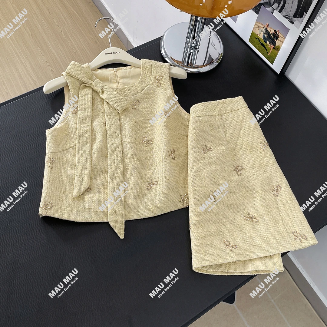 2025夏季小香风蝴蝶结钉珠背心上衣+半身裙套装DY7589