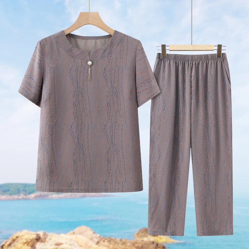 中老年人夏装套装女奶奶短袖T恤洋气妈妈夏季两件套宽松老人衣服