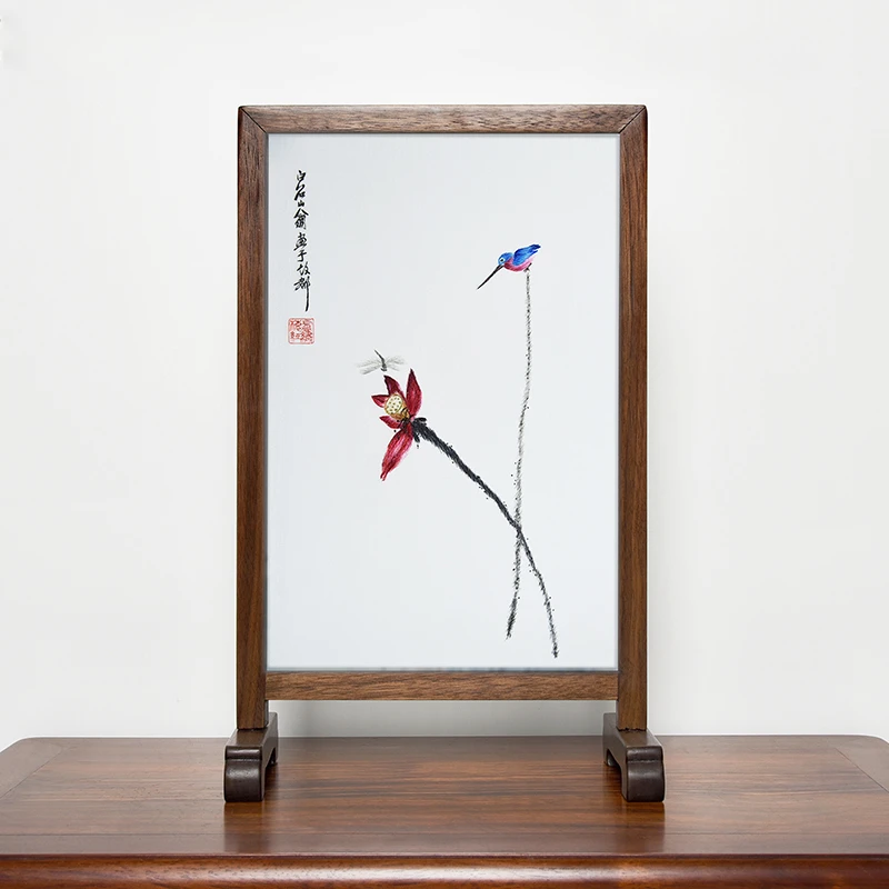 卢梅红苏绣传统非遗文化作品摆件方框樱桃荷花柿子墨竹松树刺绣