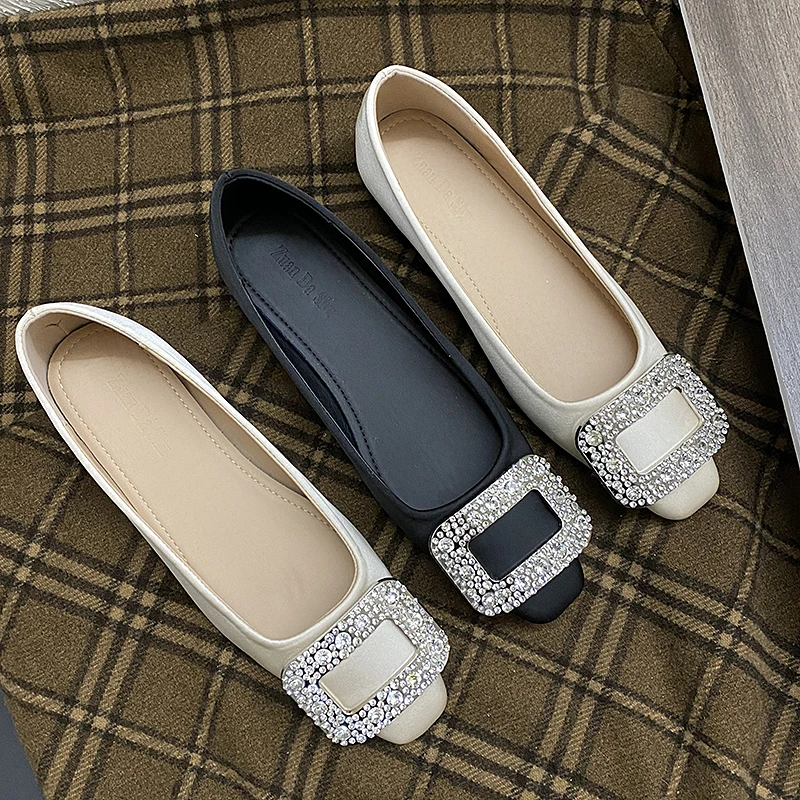 软底方头单鞋气质缎面百搭平跟女鞋新款水钻方扣韩版浅口平底鞋女