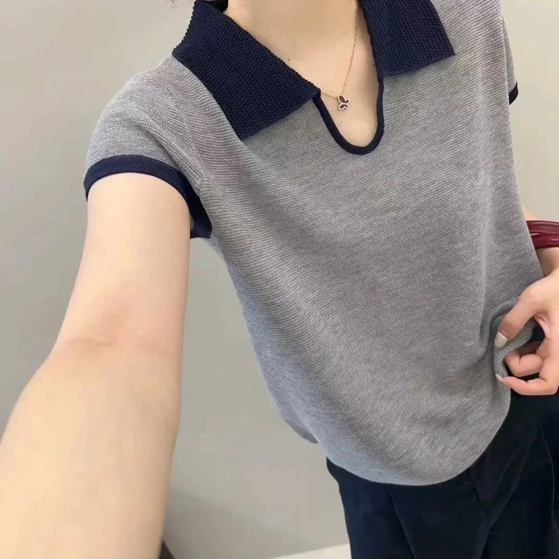星家法式polo领撞色针织短袖上衣女2025夏季时尚设计感小众短款