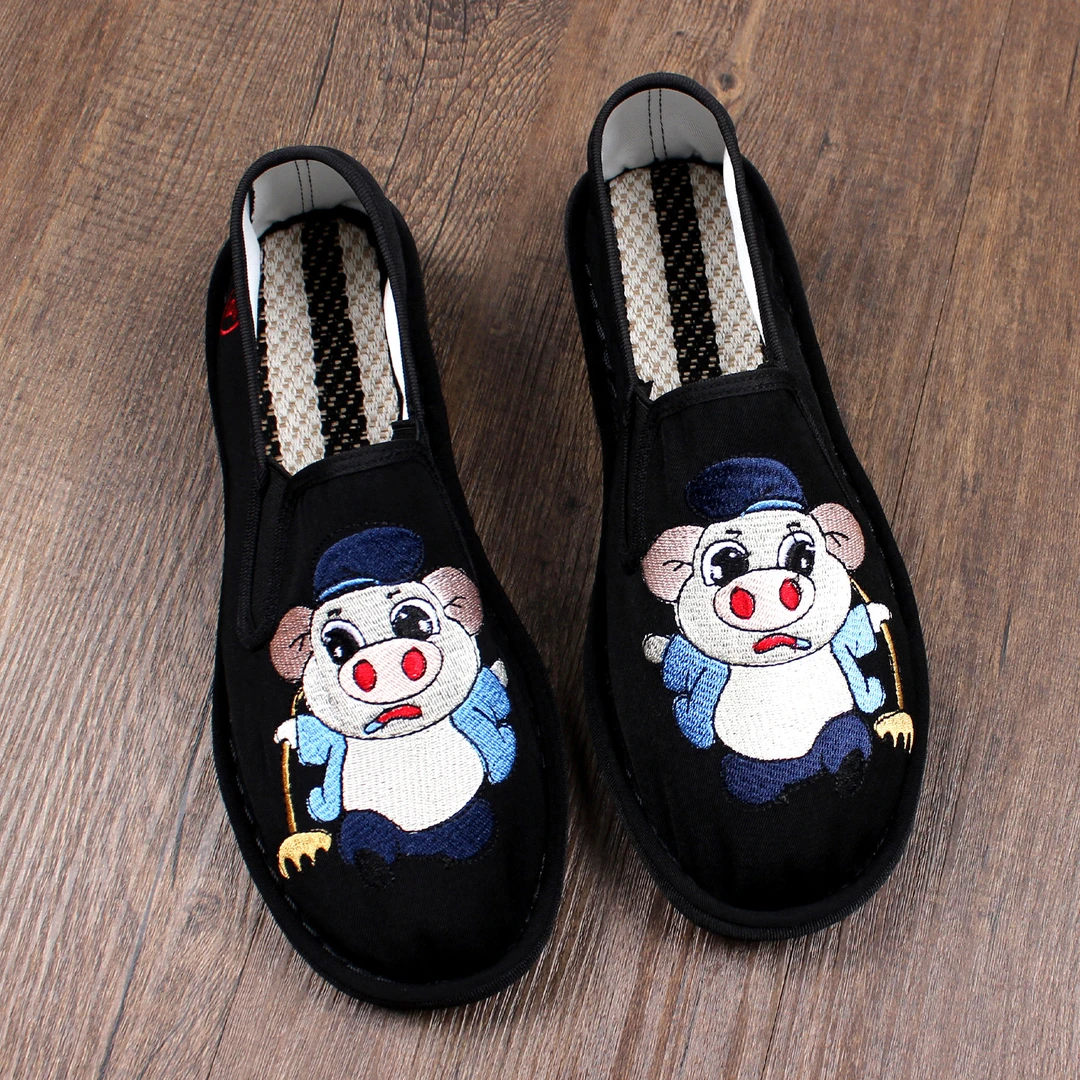 新款老北京布鞋男士夏季透气软底一脚蹬手工耐磨轻便时尚刺绣休闲