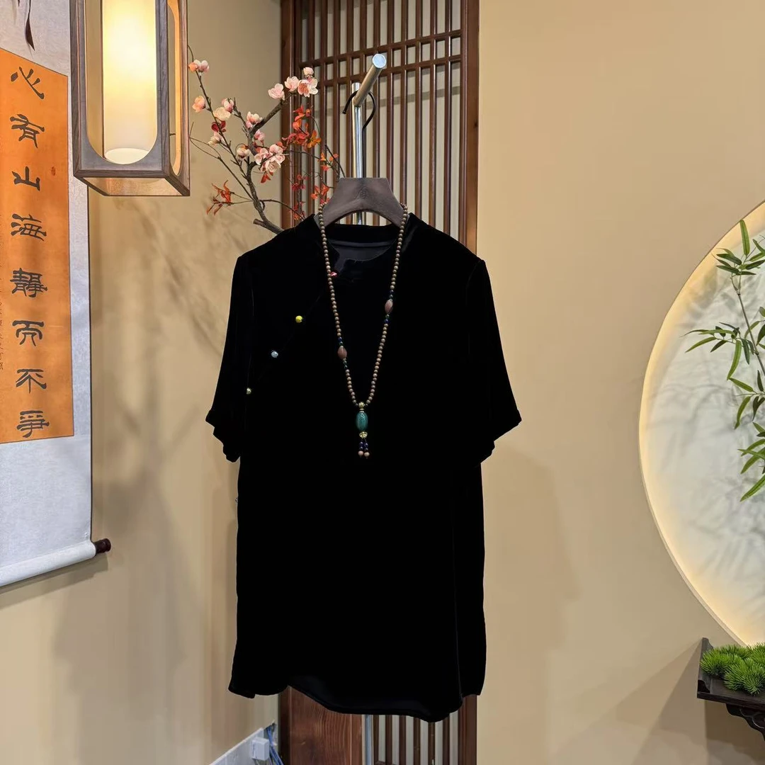 【媪黛丝绸】新中式桑蚕丝丝绒立领盘扣改良旗袍短袖开叉长衫   596