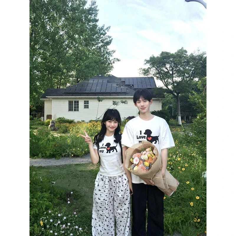 【ZHAP】新款正肩百搭爱心小狗短袖t恤夏季情侣装不撞衫辣妹上衣潮